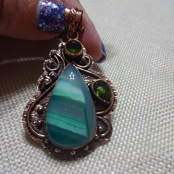 Rustic GREEN BOTSWANA AGATE & PERIDOT Handmade Copper Pendant/Chain #897B - Picture 2 of 3